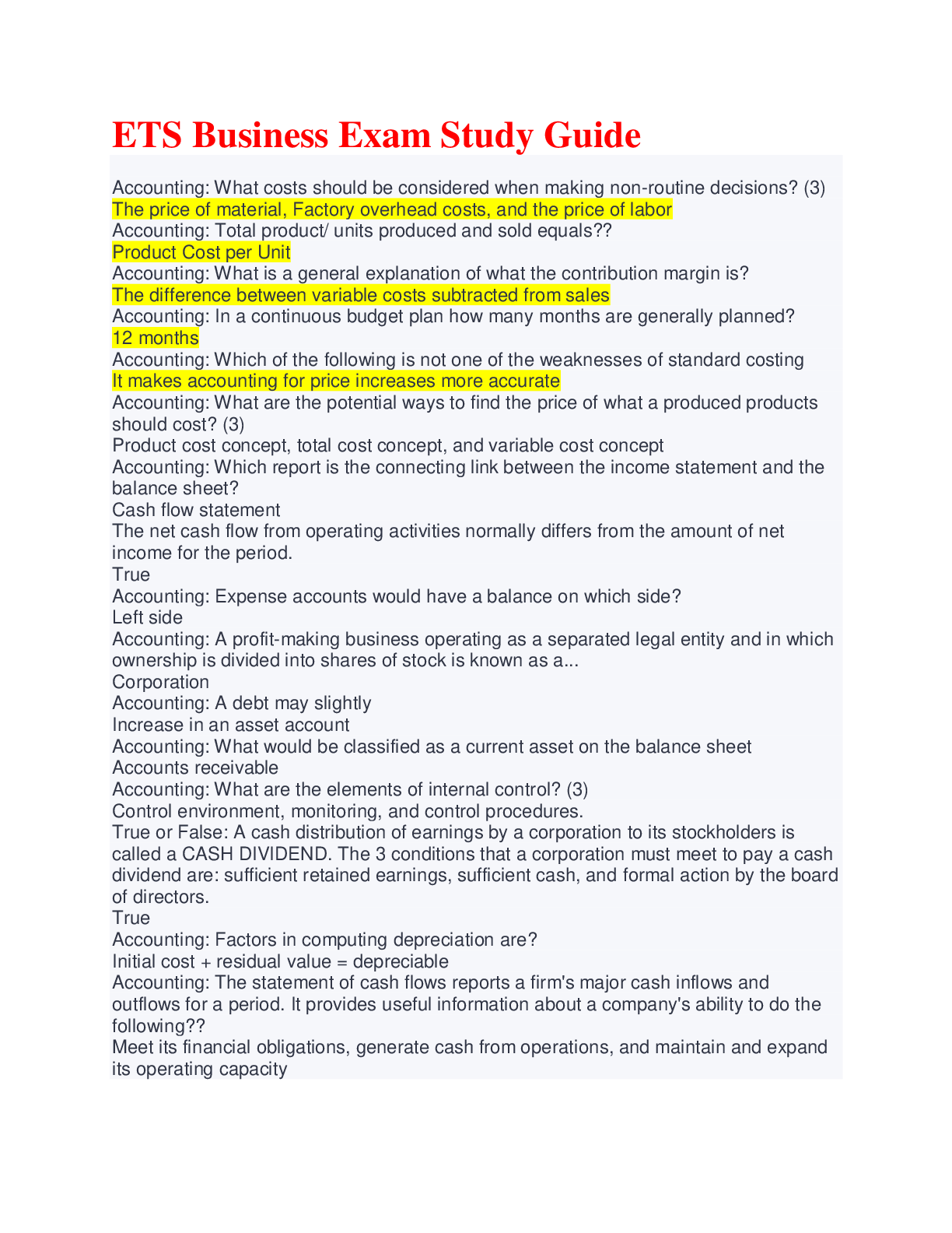 Preview image for ETS Business Exam Study Guide with all Possible Questions and Answers A+